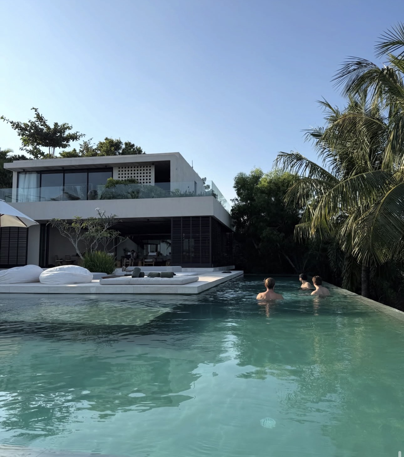 People relaxing in a pool beside a modern villa and palm trees